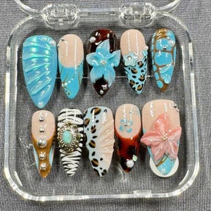 Boho Safari Press On Nails: 3D Floral, Leopard & Zebra Print