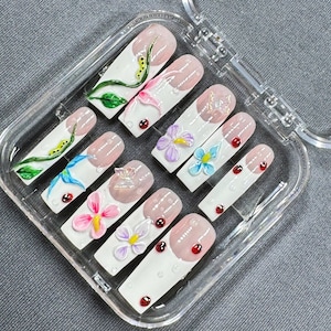 3D Flower Press On Nails: Garden Ladybug Pastel French Tips