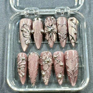 Handmade Rose Chrome Press-On Nails: 3D Silver Flowers, Luxe Glam Stiletto
