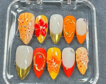 Tropical Sunset Press On Nails – Orange & Gold 3D Flower Nail Art | Summer Glow Gradient Nail Set