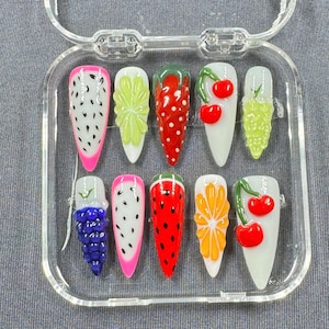 3D Fruit Cocktail Press On Nails: Summer Berry Citrus Design