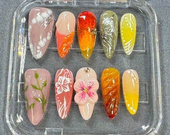 Tropical Bloom Press On Nails – 3D Hibiscus & Leaf Nail Art in Sunset Gradient | Exotic Summer Vacation Nail Set