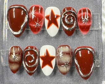 Red Star Press-On Nails – Retro Swirl & Metallic Accent Nail Set | Bold Handmade Nail Art