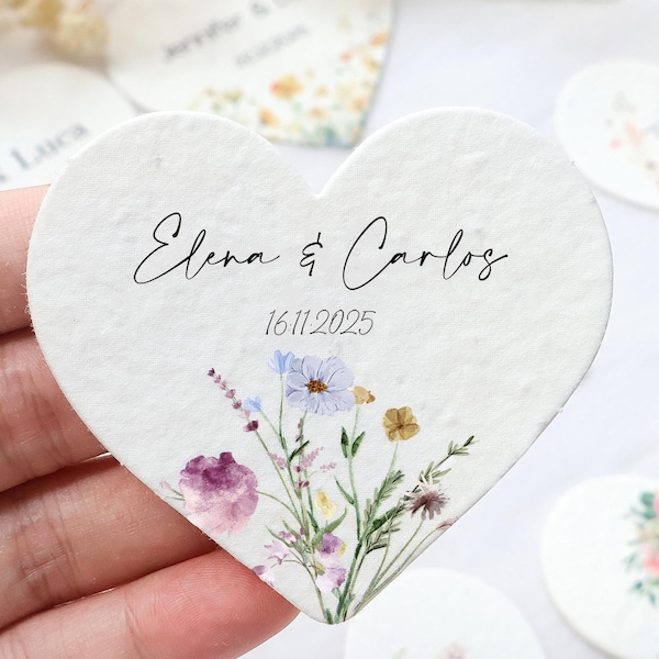 Papel de semillas personalizado, tarjetas de boda plantables, etiquetas conmemorativas en forma de corazón, elaboradas con fibras renovables, compra al por mayor