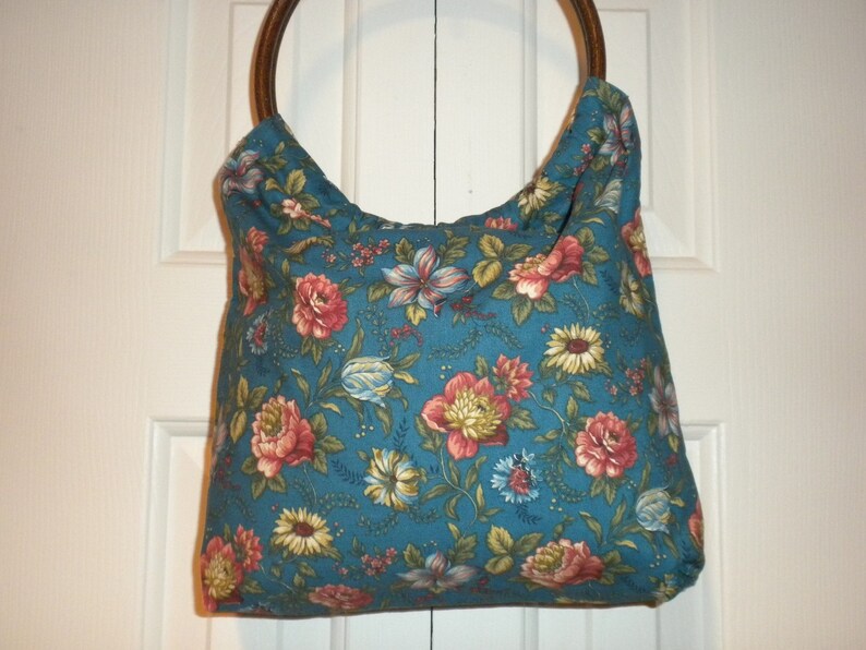 Dark Aqua Blue Green Daisy Rose Floral Leaf Medium Wood Handle BoHo Hobo Computer Notebook eBook Book Beach Gym Tote Bag OOAK