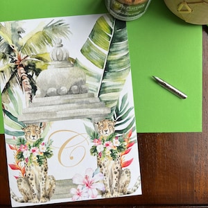 May include: Watercolor illustration of two cheetahs sitting on either side of a stone structure with a large letter C in the center. The cheetahs are surrounded by tropical plants and flowers. The illustration is on a white background.