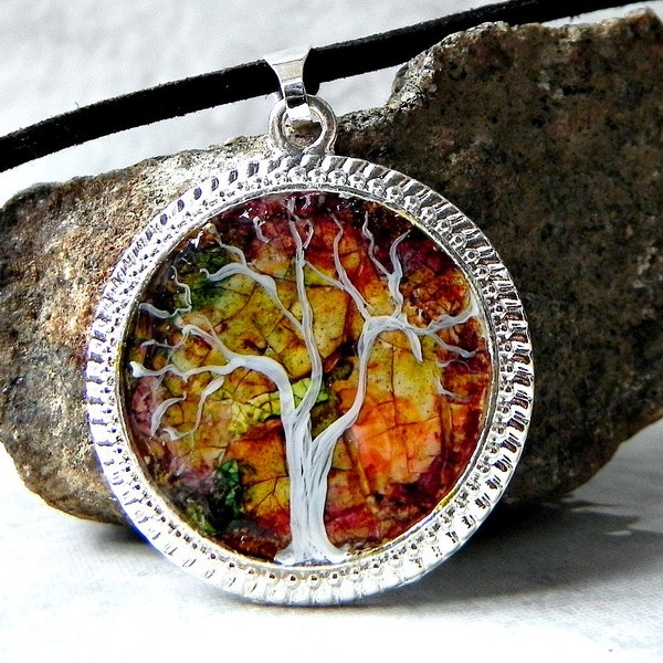 TREE of LIFE Pendant Necklace Abstract Art Eggshell Mosaic Silver HAND Painted with Leather cord chain