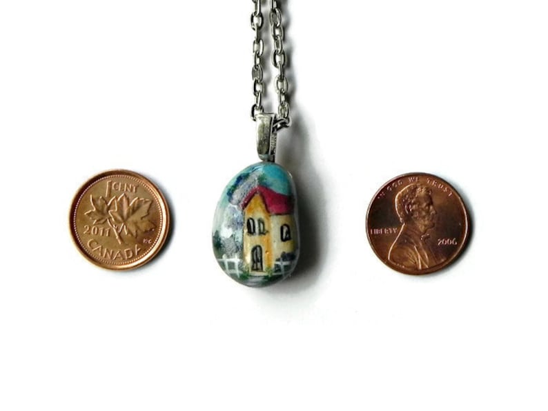 Hand Painted STONE Necklace HOUSE Rock Pendant Landscape Silver 24 Rolo Chain image 4