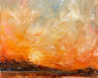 Sunset Sunrise Sky Cloud Lake Water original Oil 5”x7” Abstract Landscape Palette Knife