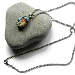 Hand Painted STONE Necklace HOUSE Rock Pendant Landscape Silver 24 Rolo Chain image 2