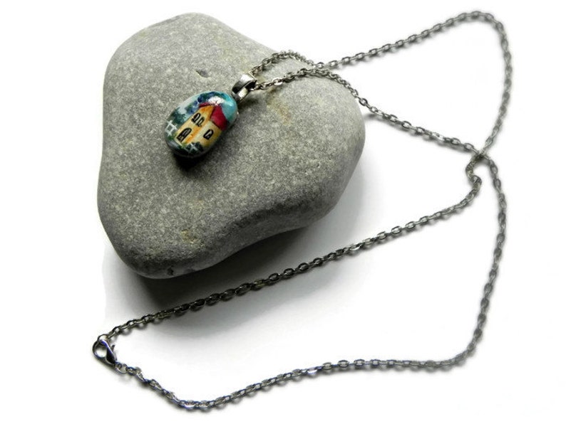 Hand Painted STONE Necklace HOUSE Rock Pendant Landscape Silver 24 Rolo Chain image 2