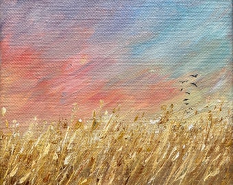 Wheat Field Birds Sunset Abstract 6”x6”x1.5” Palette knife Original Painting.