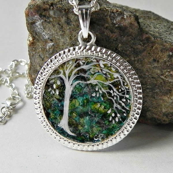 Hand painted TREE Necklace Pendant Eggshell Mosaic Art Silver with 24" Rolo chain