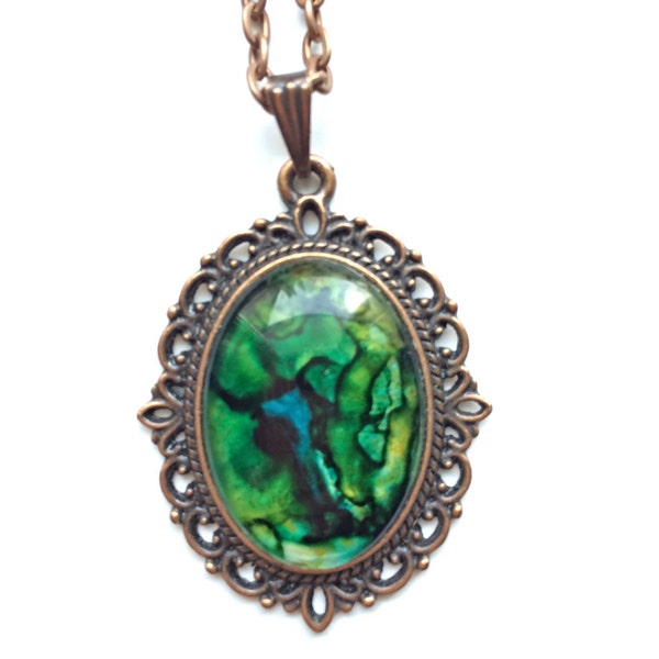 Abstrait bleu vert verre Collier pendentif CAMÉE cuivre ovale avec la chaîne 24"