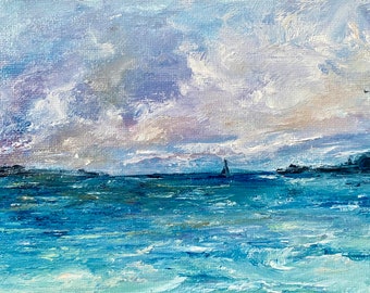 Sea Ocean Water clouds Sky Sail Boat  Lake original Oil 5”x7” birds