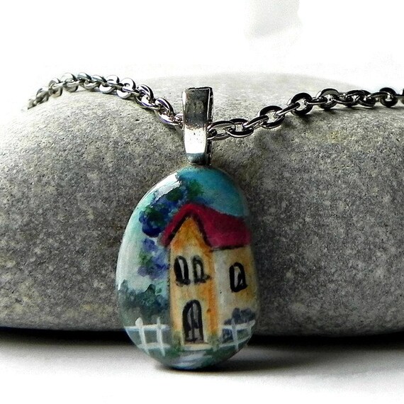 Hand Painted STONE Necklace HOUSE Rock Pendant Landscape Silver 24