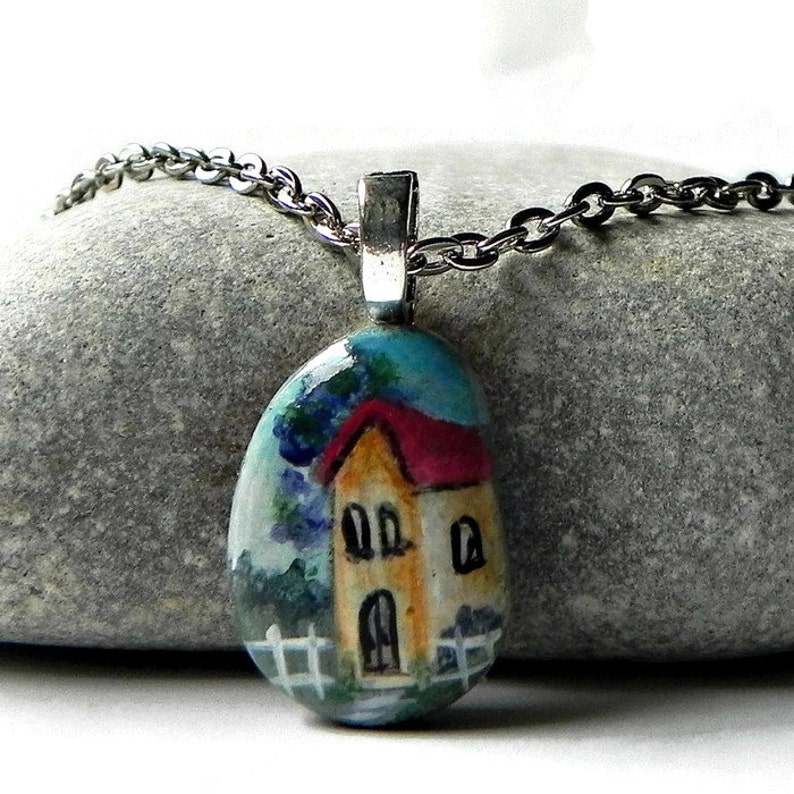 Hand Painted STONE Necklace HOUSE Rock Pendant Landscape Silver 24 Rolo Chain image 1