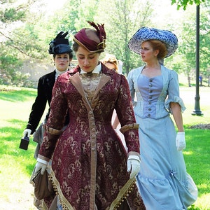 Victorian Gown, Steampunk Walking Dress, stunning 1880's couture burgundy & bronze velvet satin pleats