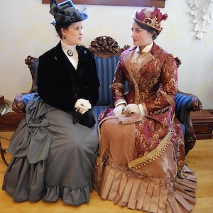 Handmade original. Victorian Gown, Steampunk Walking Dress, stunning unique 1880s couture burgundy & bronze gold velvet. Plus hat, purse. image 14