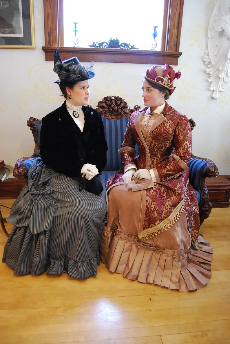 Handmade original. Victorian Gown, Steampunk Walking Dress, stunning unique 1880s couture burgundy & bronze gold velvet. Plus hat, purse. image 14