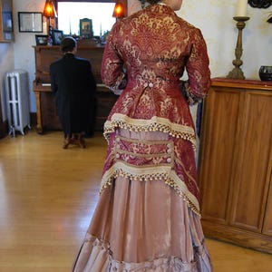 Handmade original. Victorian Gown, Steampunk Walking Dress, stunning unique 1880s couture burgundy & bronze gold velvet. Plus hat, purse. image 13
