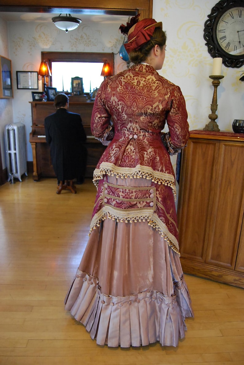 Handmade original. Victorian Gown, Steampunk Walking Dress, stunning unique 1880s couture burgundy & bronze gold velvet. Plus hat, purse. image 13