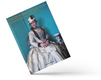 May include: Book cover featuring a woman in a white and gray striped dress, a white hat, and a purple jacket. The book title is "The Victorian Collection: Advanced Costuming Techniques" by Laura Meyer. The background is a teal blue.