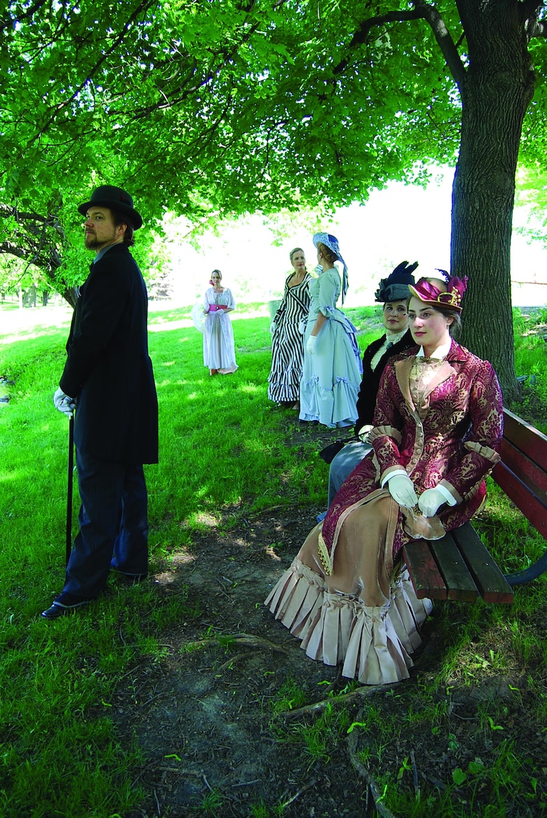 Handmade original. Victorian Gown, Steampunk Walking Dress, stunning unique 1880s couture burgundy & bronze gold velvet. Plus hat, purse. image 7