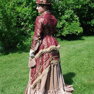 Handmade original. Victorian Gown, Steampunk Walking Dress, stunning unique 1880s couture burgundy & bronze gold velvet. Plus hat, purse. image 11