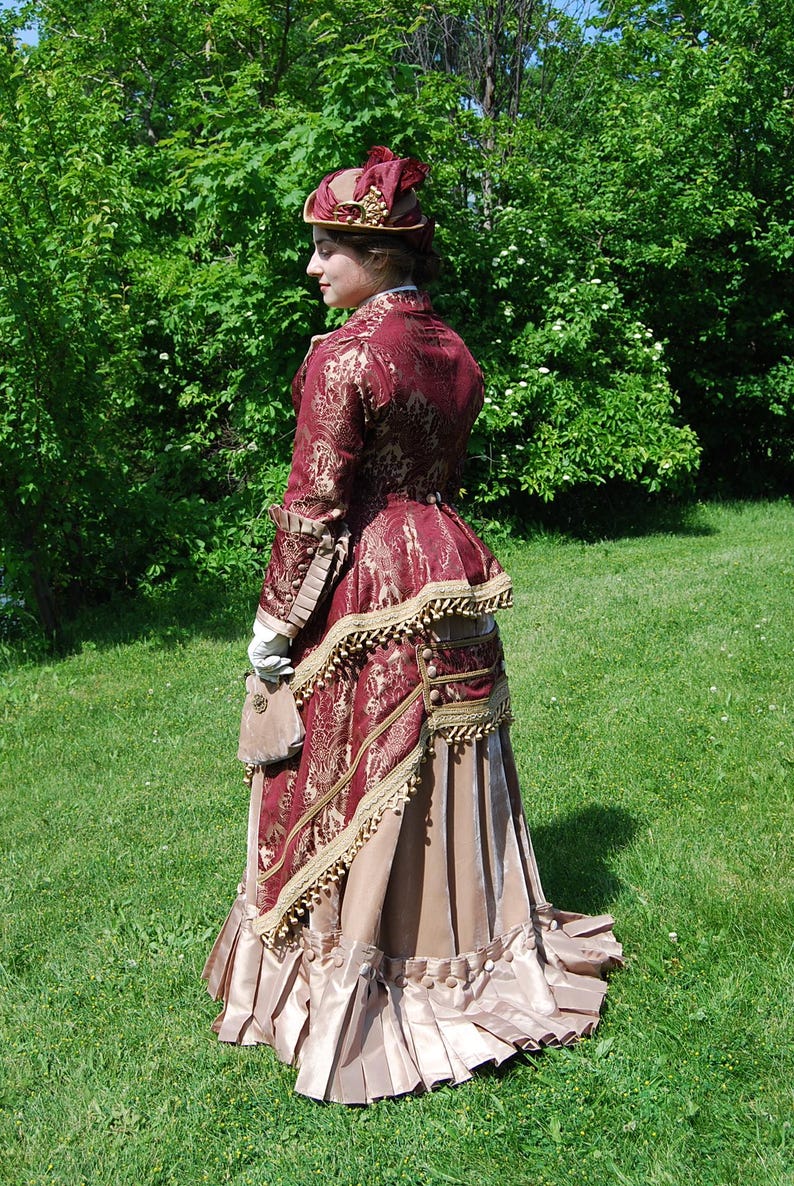 Handmade original. Victorian Gown, Steampunk Walking Dress, stunning unique 1880s couture burgundy & bronze gold velvet. Plus hat, purse. image 11