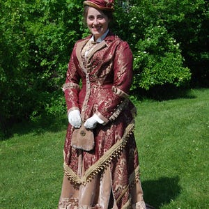 Handmade original. Victorian Gown, Steampunk Walking Dress, stunning unique 1880s couture burgundy & bronze gold velvet. Plus hat, purse. image 9