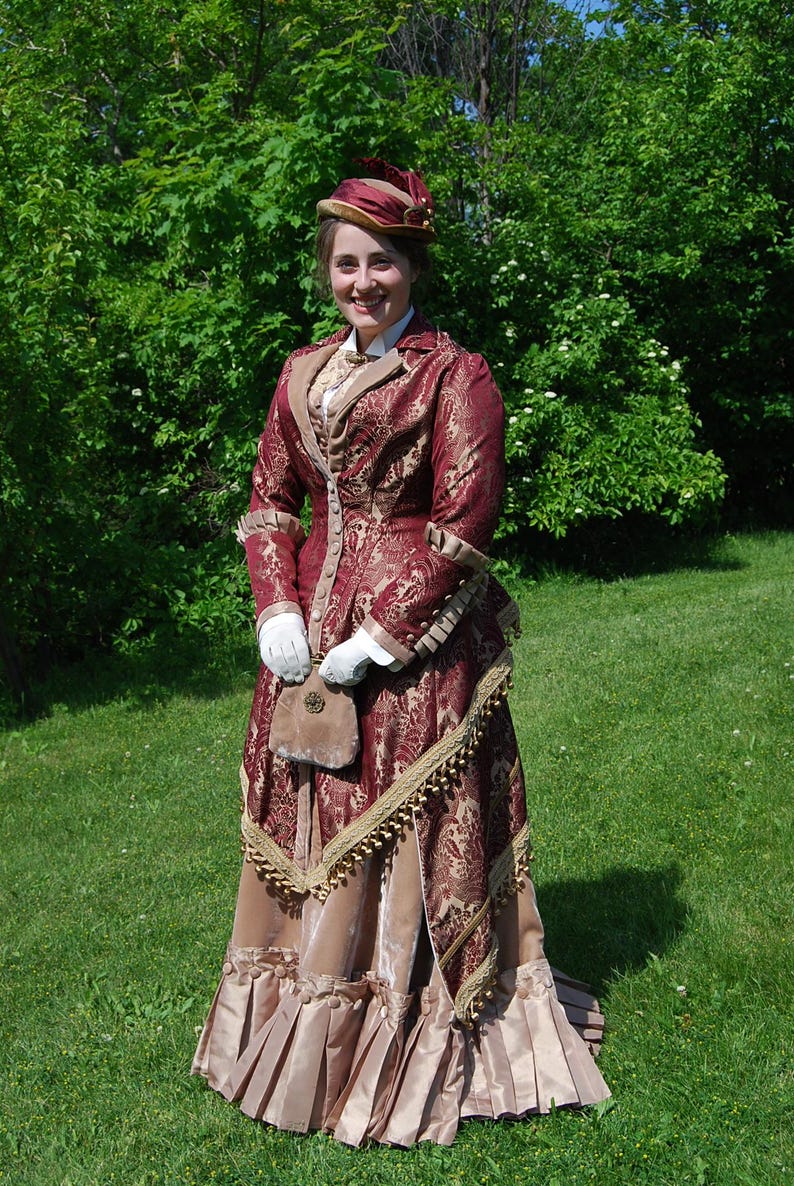 Handmade original. Victorian Gown, Steampunk Walking Dress, stunning unique 1880s couture burgundy & bronze gold velvet. Plus hat, purse. image 9