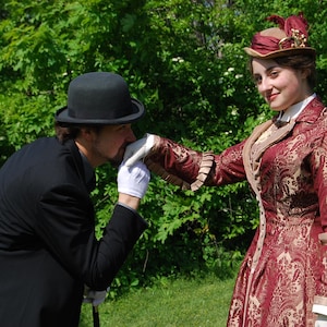 Handmade original. Victorian Gown, Steampunk Walking Dress, stunning unique 1880s couture burgundy & bronze gold velvet. Plus hat, purse. image 12