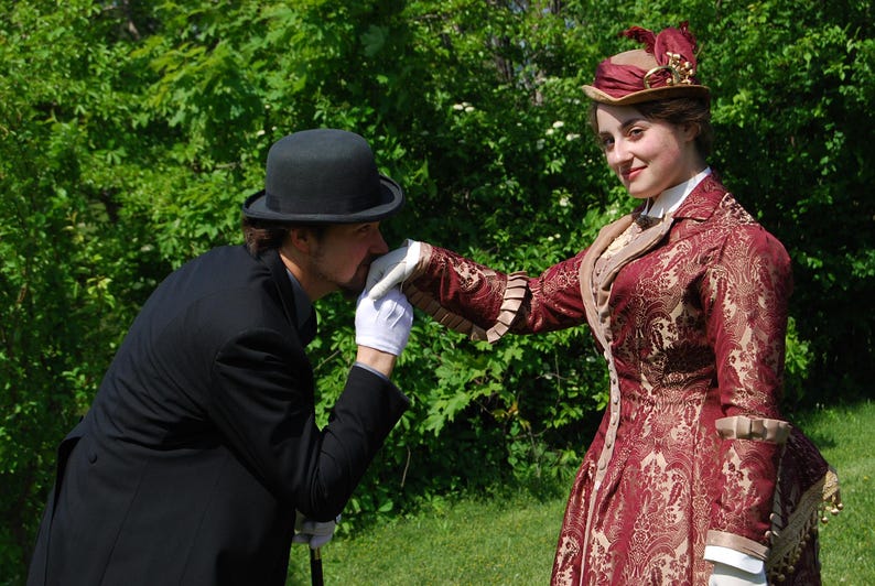 Handmade original. Victorian Gown, Steampunk Walking Dress, stunning unique 1880s couture burgundy & bronze gold velvet. Plus hat, purse. image 12