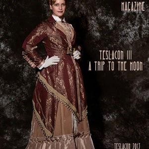 May include: A woman in a burgundy and gold patterned Victorian-era costume, posing for a magazine cover. The cover reads "Cloud Orchid Magazine" and "Teslacon III: A Trip to the Moon." The costume includes a hat, gloves, and a long skirt.