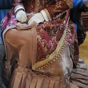 Handmade original. Victorian Gown, Steampunk Walking Dress, stunning unique 1880s couture burgundy & bronze gold velvet. Plus hat, purse. image 10
