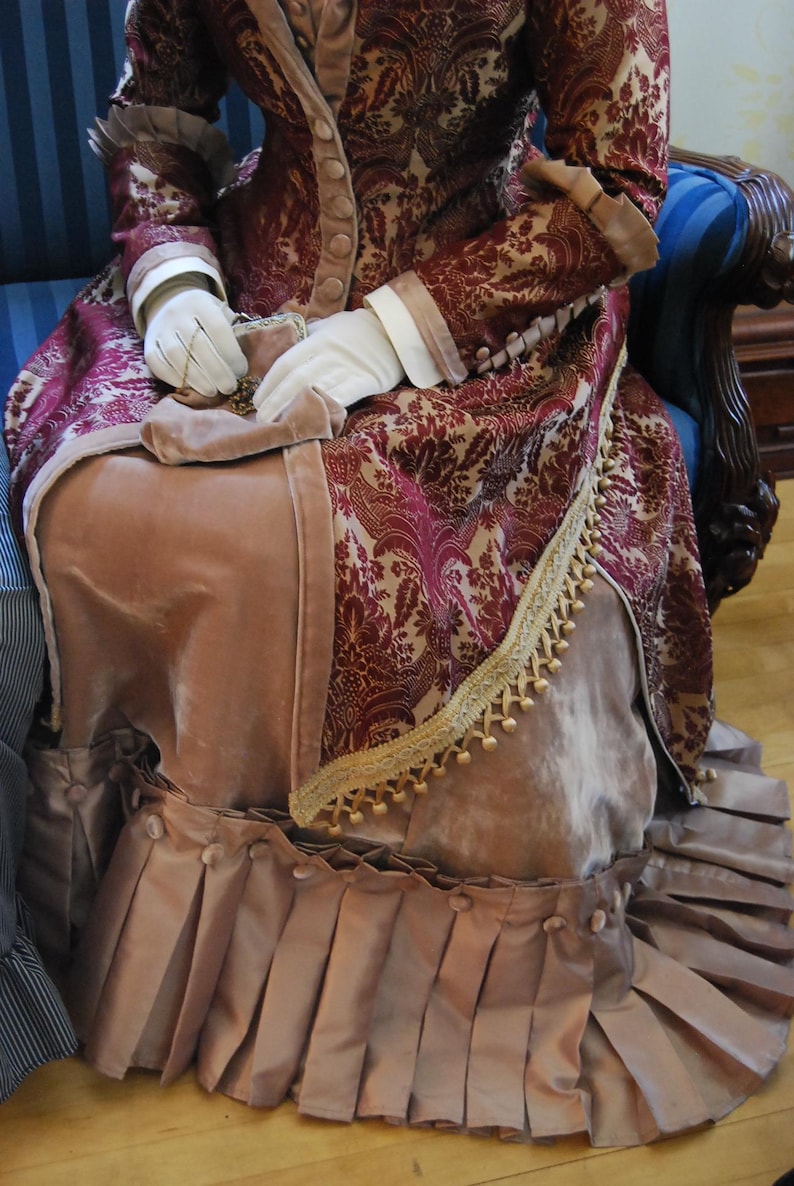 Handmade original. Victorian Gown, Steampunk Walking Dress, stunning unique 1880s couture burgundy & bronze gold velvet. Plus hat, purse. image 10