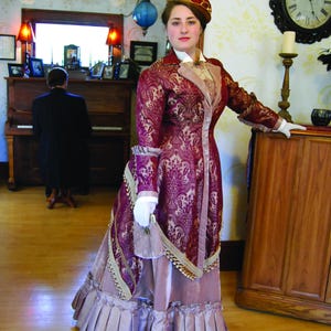 Handmade original. Victorian Gown, Steampunk Walking Dress, stunning unique 1880s couture burgundy & bronze gold velvet. Plus hat, purse. image 6