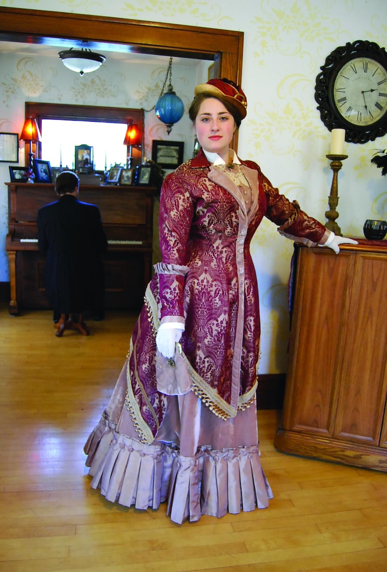 Handmade original. Victorian Gown, Steampunk Walking Dress, stunning unique 1880s couture burgundy & bronze gold velvet. Plus hat, purse. image 6
