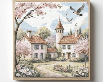 Patrón de punto de cruz "Casas de primavera": Escena de pueblo con pájaros (patrón en PDF)