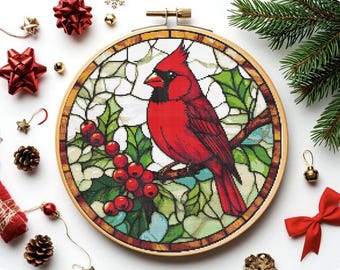 Red Cardinal Cross Stitch Pattern: Winter stained glass window (PDF)