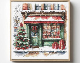 Patrón de punto de cruz para escaparate navideño: Tienda de vacaciones de invierno (PDF)