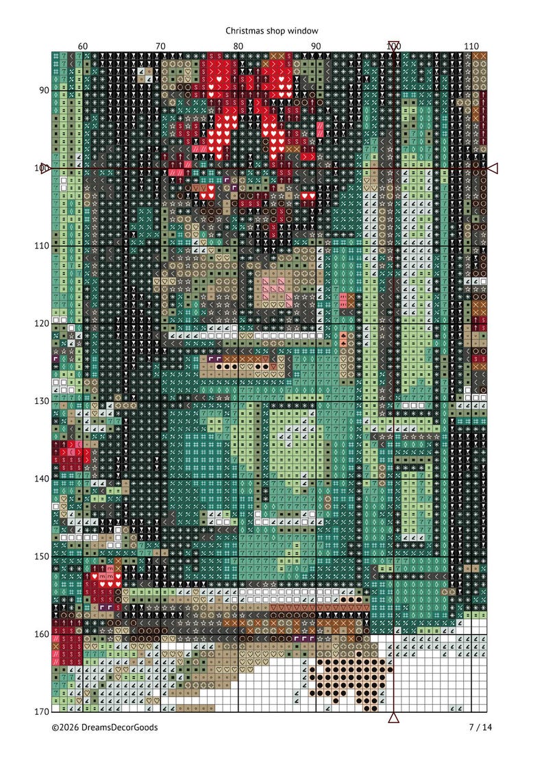 May include: A cross stitch pattern chart titled Christmas shop window, featuring a grid with numbered axes from 60 to 110 and 90 to 170. The design uses various symbols and colors, including red, green, and brown, to depict a festive shop scene.