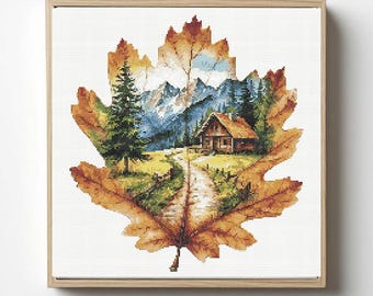 Patrón de punto de cruz de hoja de otoño con cabaña en el bosque: Casa acogedora (patrón en PDF)