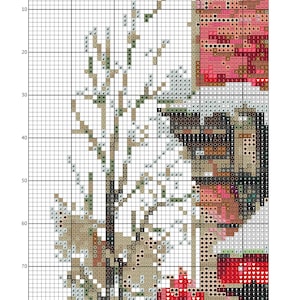 May include: A cross-stitch pattern chart titled Christmas shop window, featuring a grid with numbered axes. The design displays a bare tree with branches on the left and a detailed shop window scene on the right, using various symbols and colors.