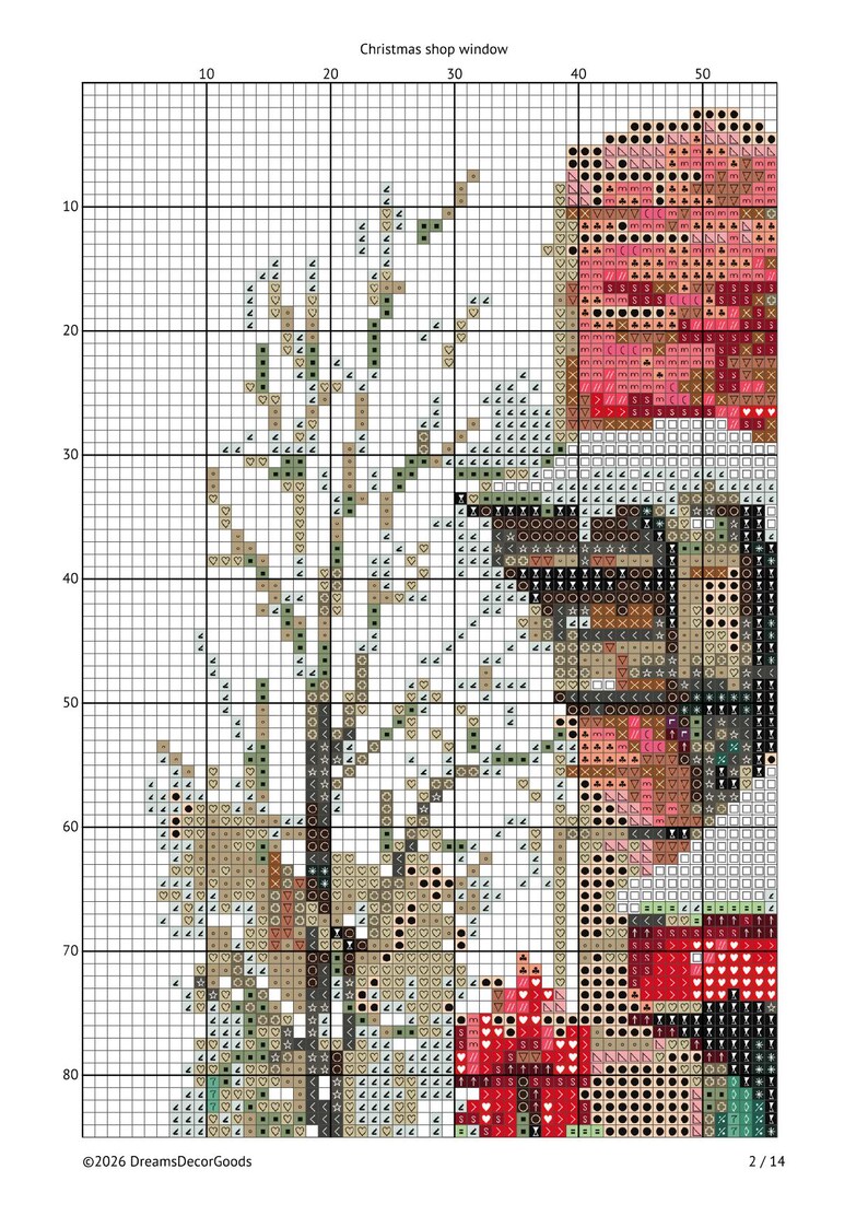 May include: A cross-stitch pattern chart titled Christmas shop window, featuring a grid with numbered axes. The design displays a bare tree with branches on the left and a detailed shop window scene on the right, using various symbols and colors.
