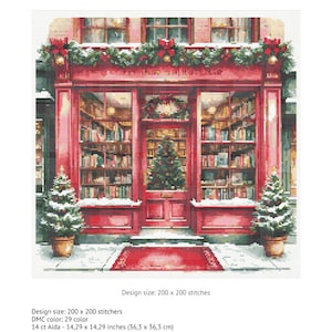 May include: A cross stitch chart titled Christmas Bookstore featuring a red storefront with large windows, bookshelves, a central door with a wreath, and two potted Christmas trees. The design size is 200 x 200 stitches, with dimensions of 14.29 x 14.29 inches on 14 ct Aida.