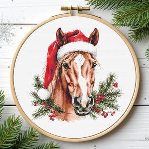 Christmas Horse Cross Stitch Pattern: Horse wearing Santa hat (PDF)