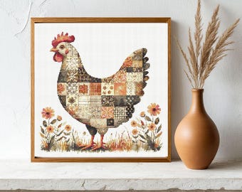 Patchwork Chicken Cross Stitch Pattern: Chicken made of scraps (instant download PDF)