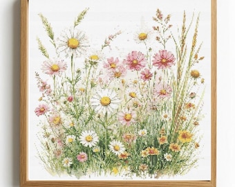 Schema punto croce fiori di campo: erbe e fiori in fiore (download PDF)